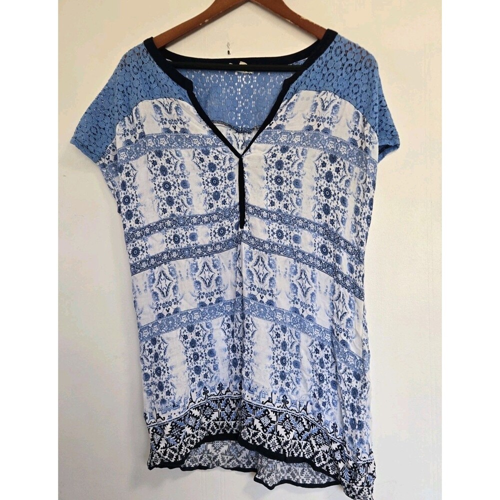 Kate & Sam Blouse Womens 1X Floral Embroidered Boho Blue Beach Coastal Festival